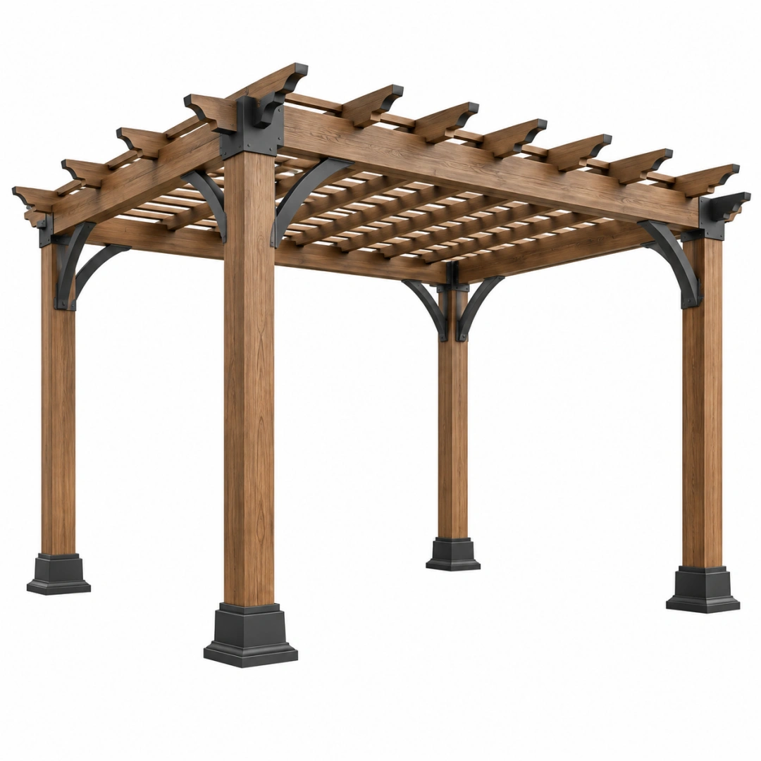 Pérgola de jardín 300 x 300 x 240 cm de madera marrón con estructura metálica estilo rústico