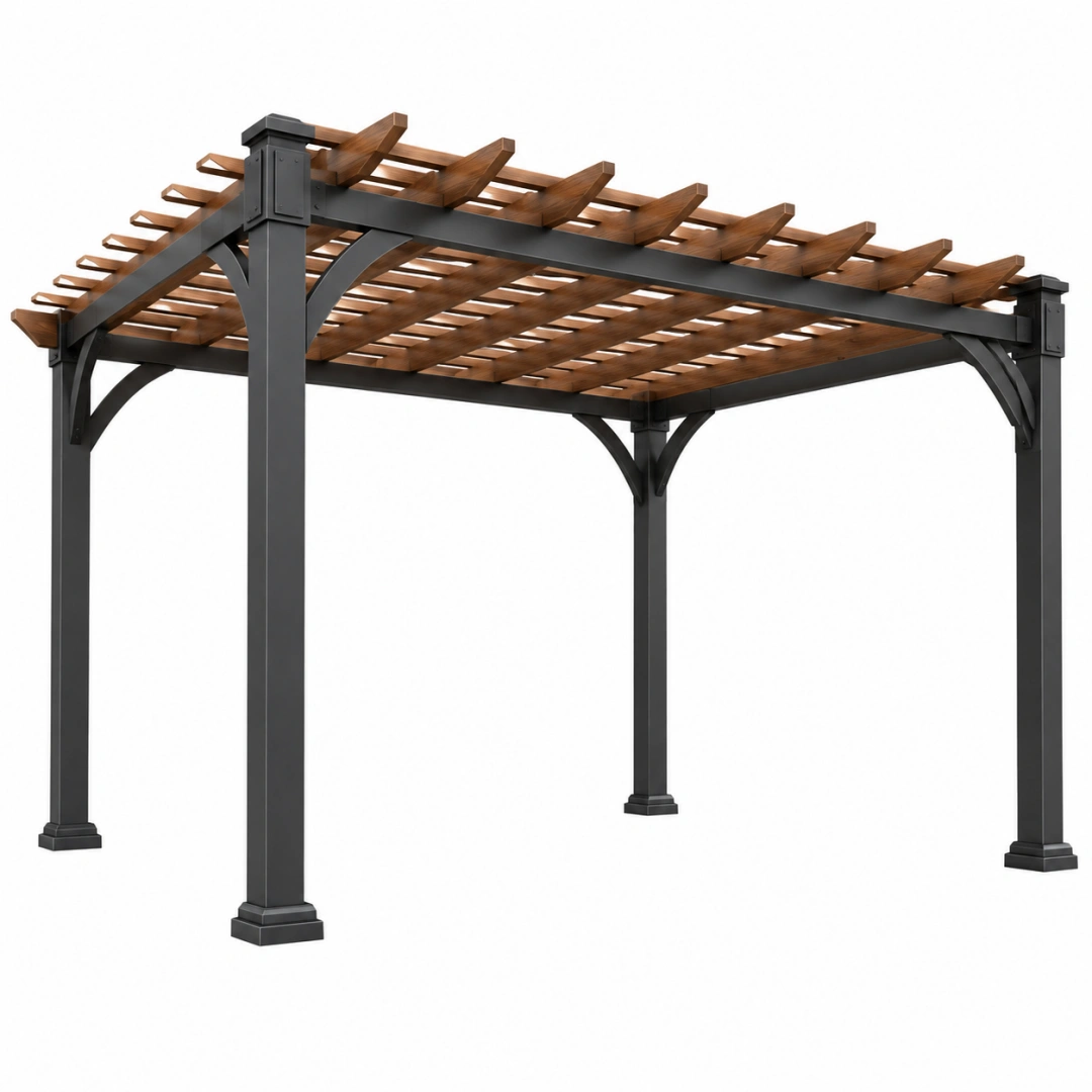 Pérgola de jardín 300 x 300 x 240 cm de acero y madera negro/marrón - estructura de sombra contemporánea