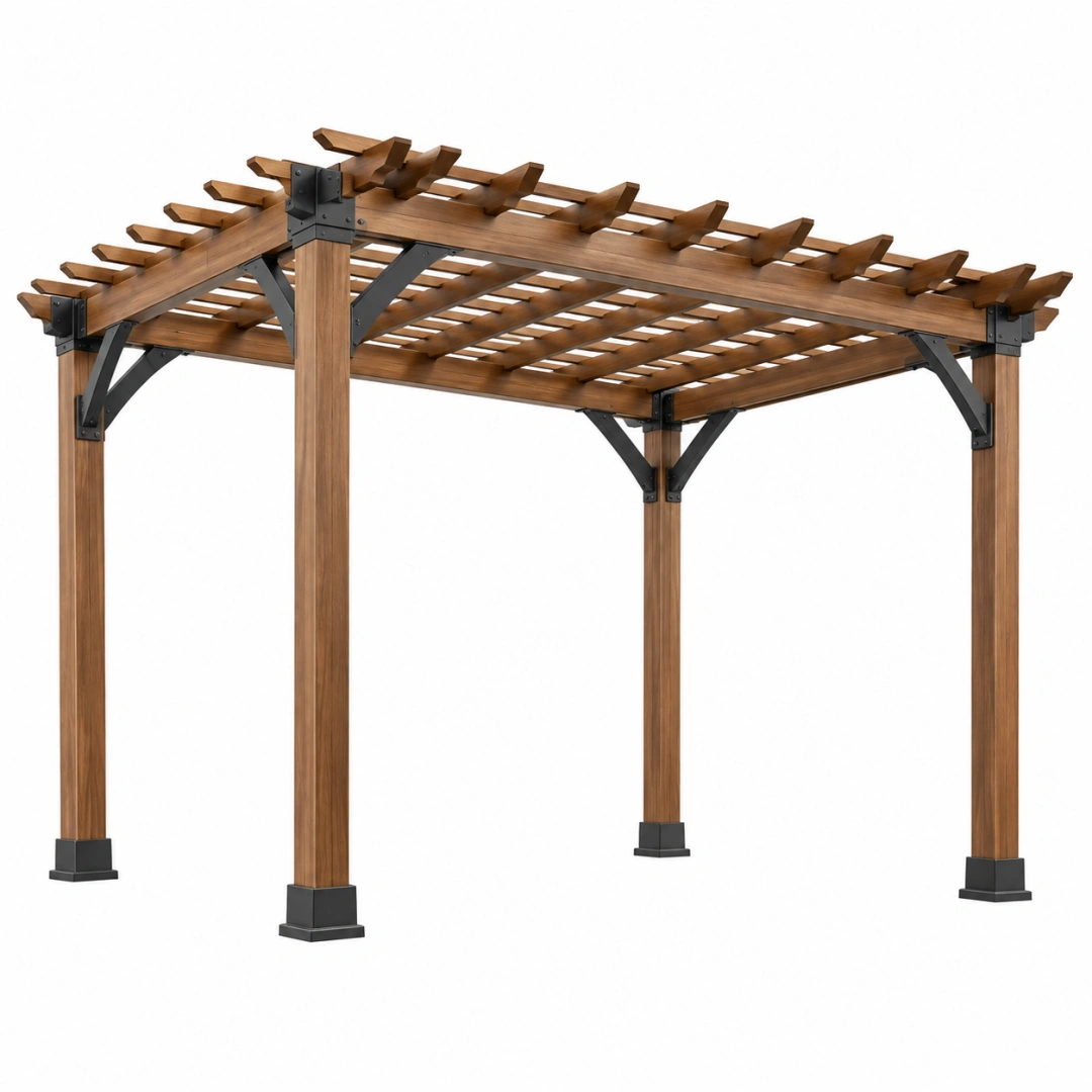 Pérgola de jardín 300 x 300 x 240 cm de madera marrón con estructura metálica estilo rústico
