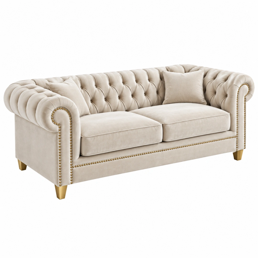 Sofá de 2 plazas 180 x 90 x 78 cm beige tapizado en terciopelo estilo Chesterfield