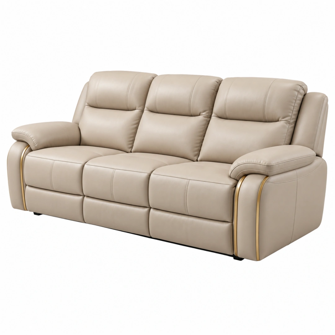 Sofá de 3 plazas 210 x 95 x 100 cm en piel sintética beige con detalles dorados estilo contemporáneo