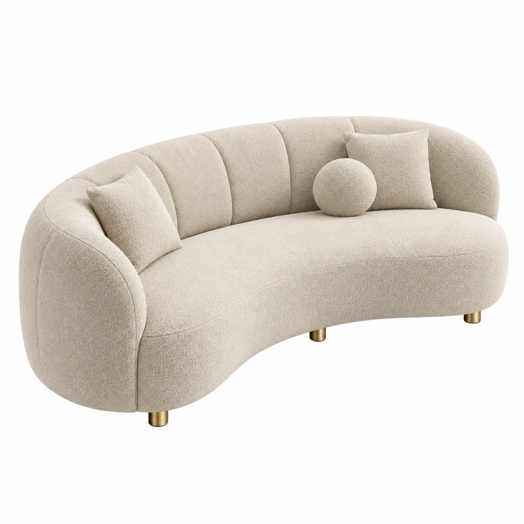 Sofá de 3 plazas 220 x 95 x 78 cm de tejido bouclé beige con patas metálicas doradas estilo curvo para salón