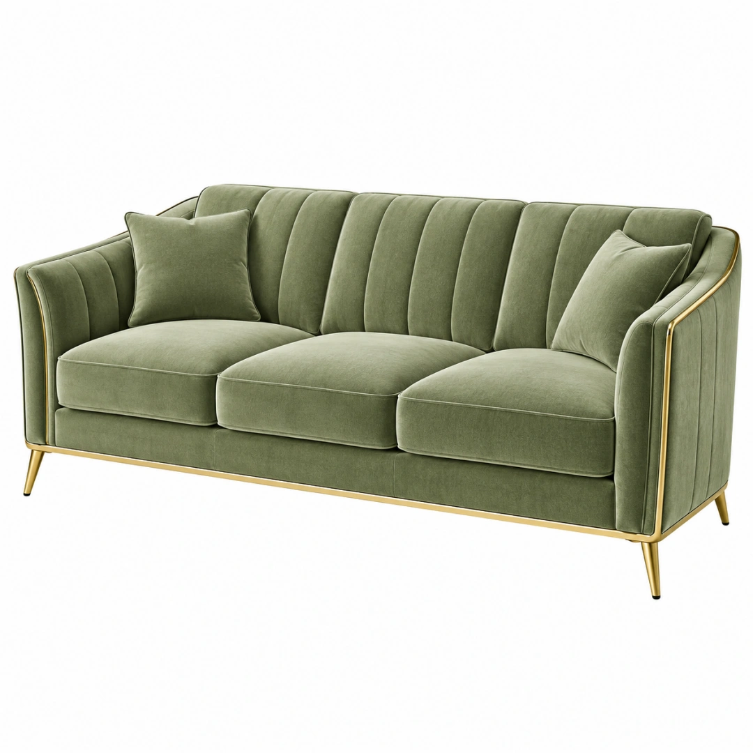Sofá de tres plazas 210 x 90 x 85 cm de terciopelo verde con patas metálicas estilo glamour