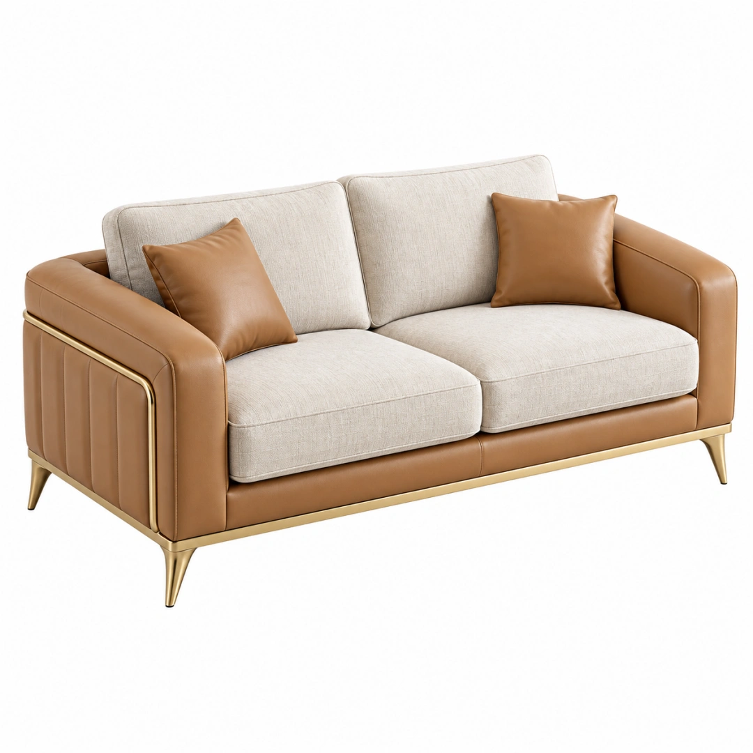 Sofá de 2 plazas 170 cm tapizado beige y camel de estilo moderno