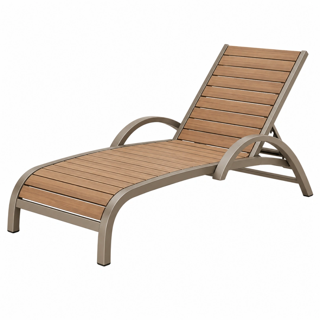 Tumbona de jardín 195 x 65 cm de madera y metal marrón con respaldo regulable