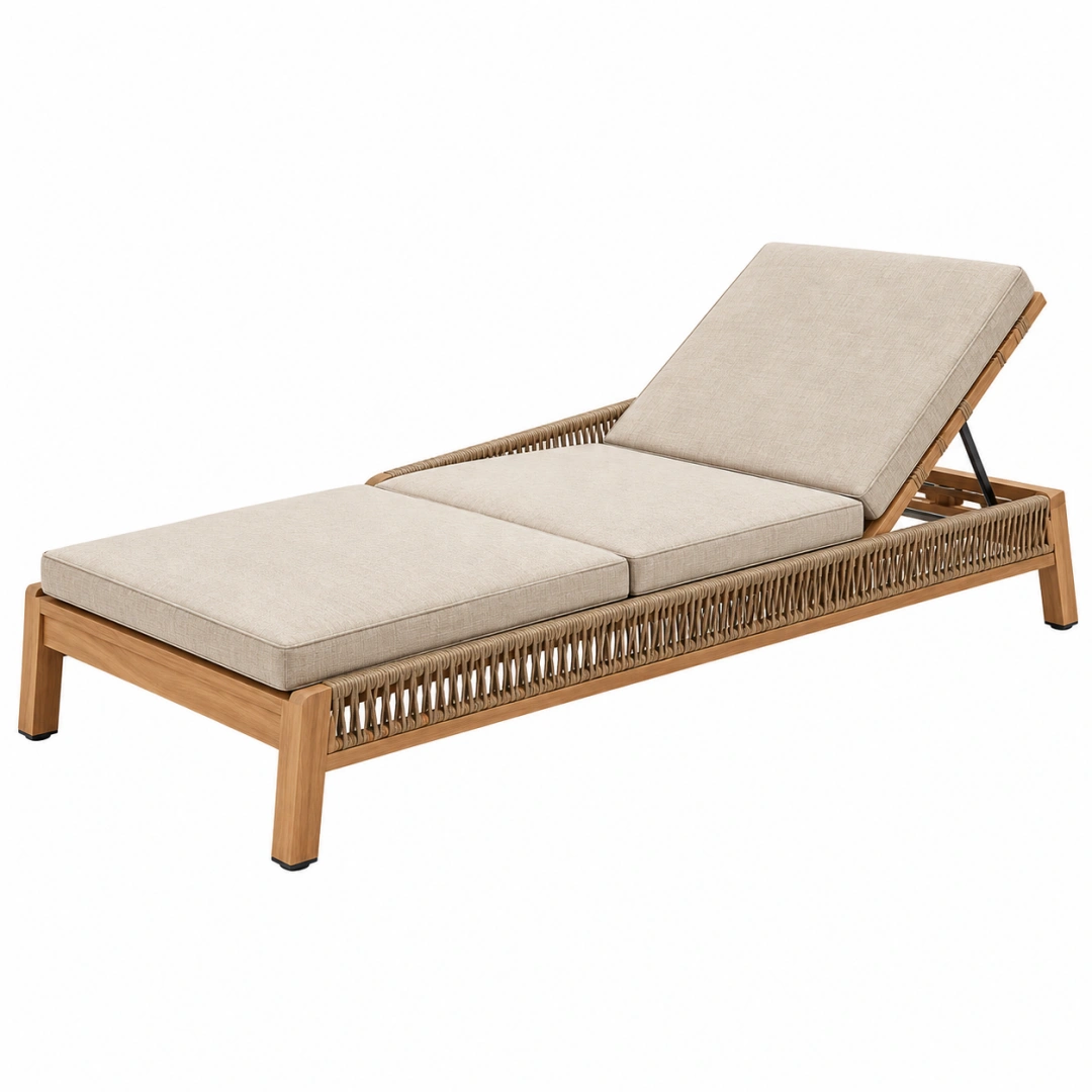 Tumbona 200 cm de madera y cuerda beige para exterior con respaldo reclinable