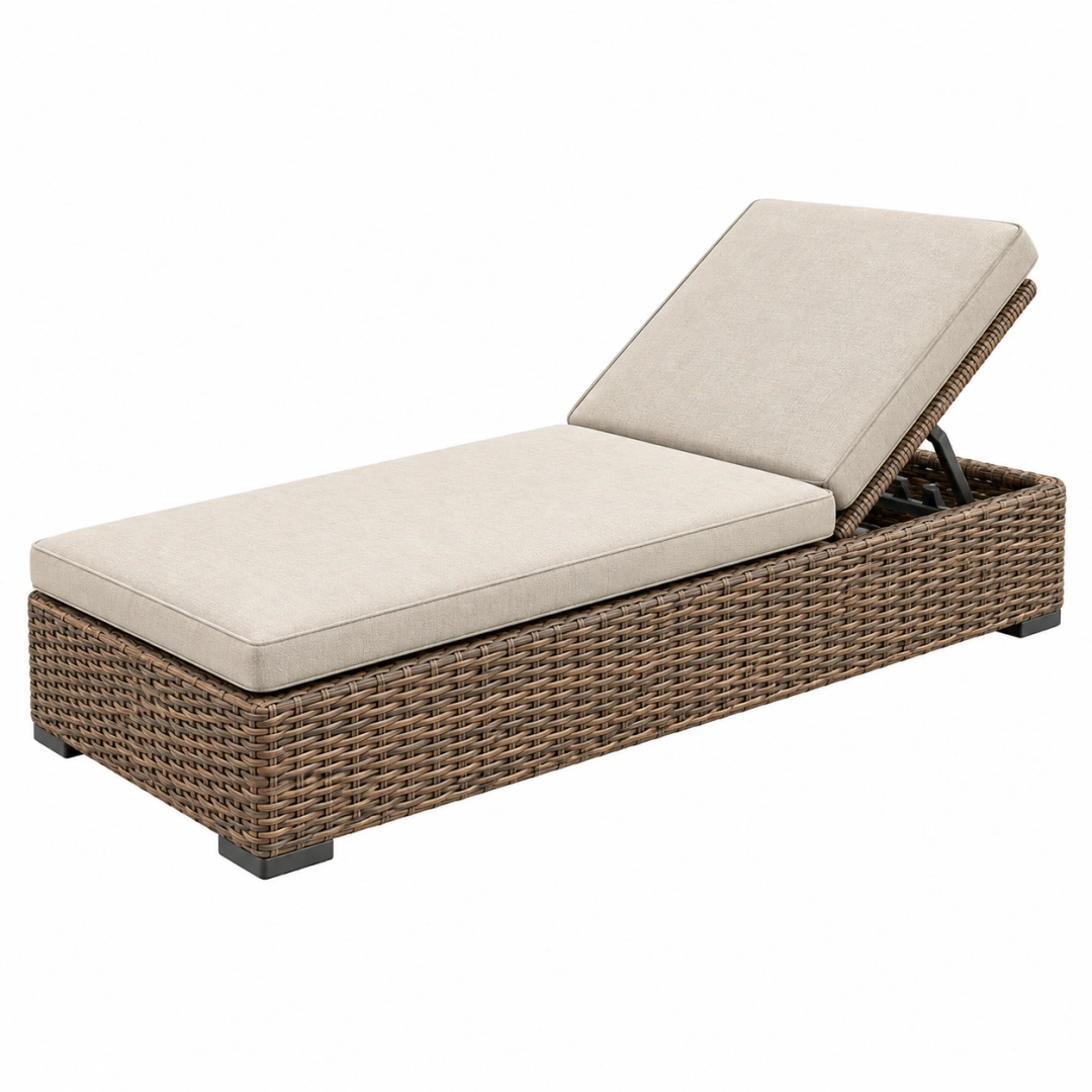 Tumbona de jardín 200 x 70 x 35 cm de ratán sintético marrón con cojín beige y respaldo reclinable