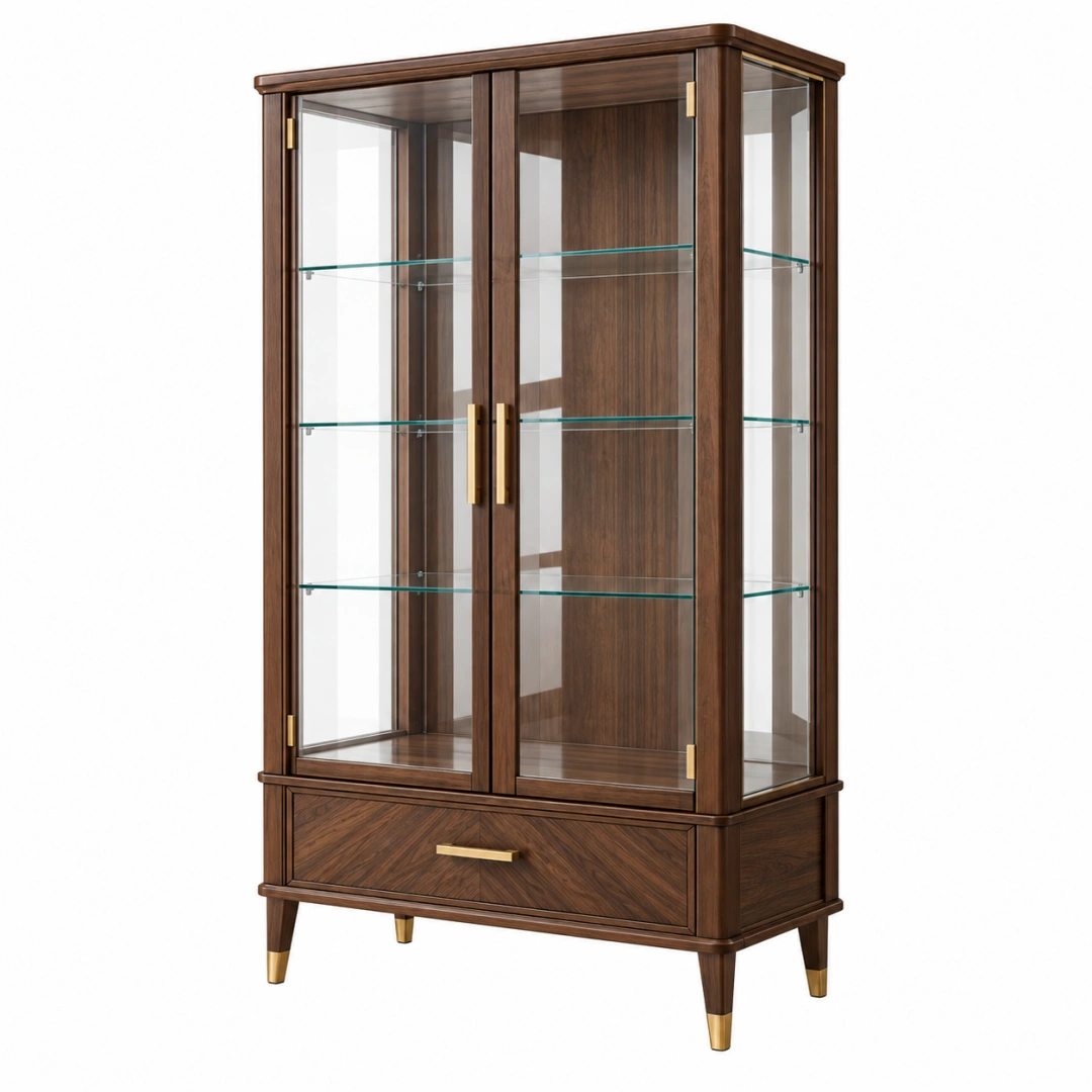 Vitrina 90 x 42 x 180 cm de madera y vidrio marrón con puertas y cajón
